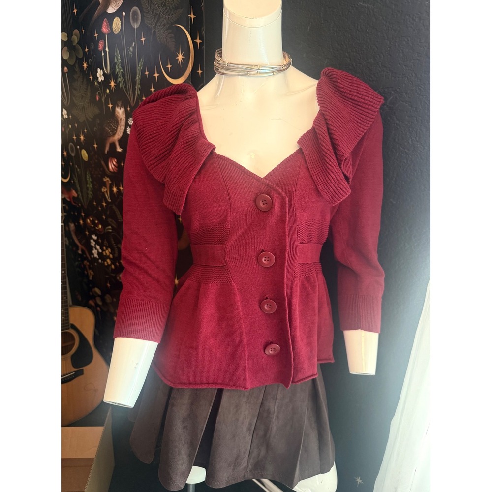 Crystal Kobe Burgundy Ruffle Collar Belted Peplum Cardigan Sweater Womens PXL